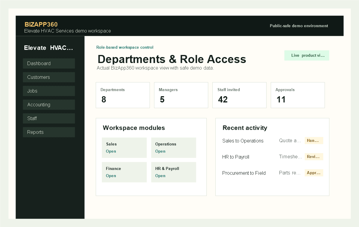 Departments & Role Access BizApp360 product screenshot